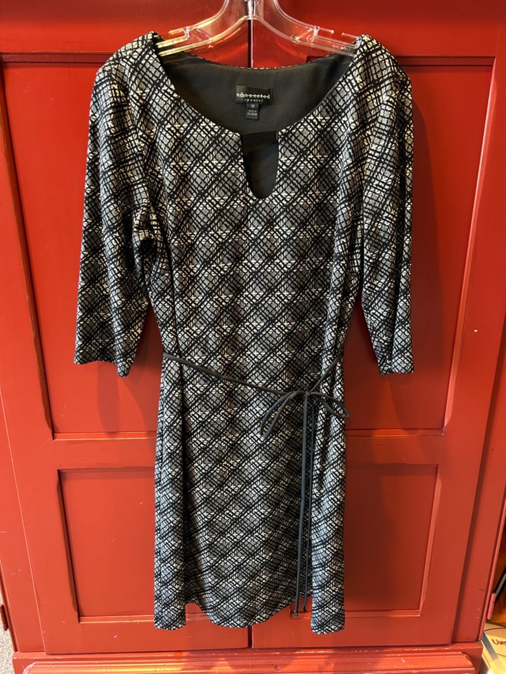 connected apparel Black and White Tie-Waist Three Quarter Sleeve Dress - Size 12